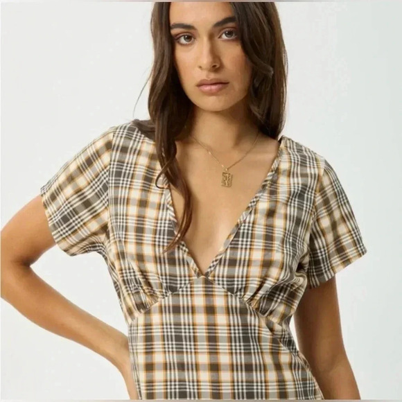 Afends Plaid Mini Dress in Brown and Cream - Picture 2 of 8